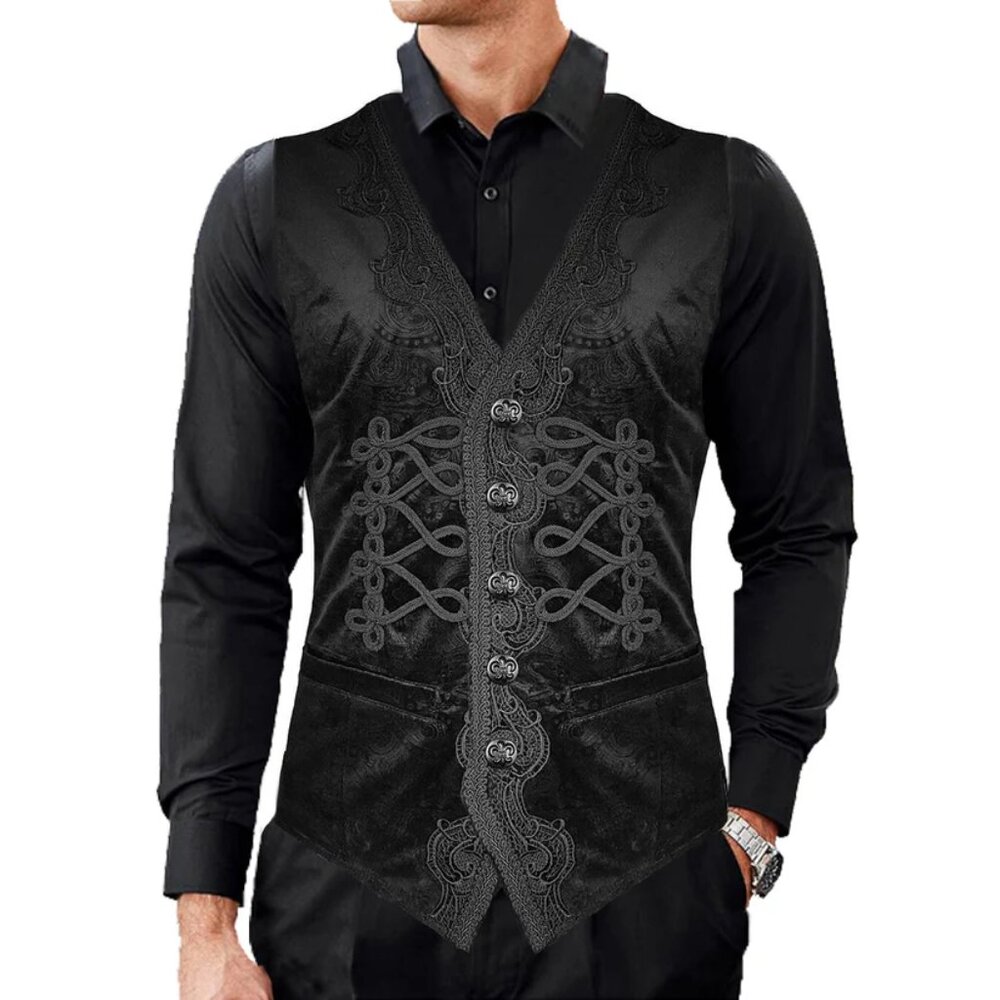 Men Herringbone Wool Blend Tweed Vest Premium Black Waistcoat Suit Vest V Neck - Picture 3 of 6